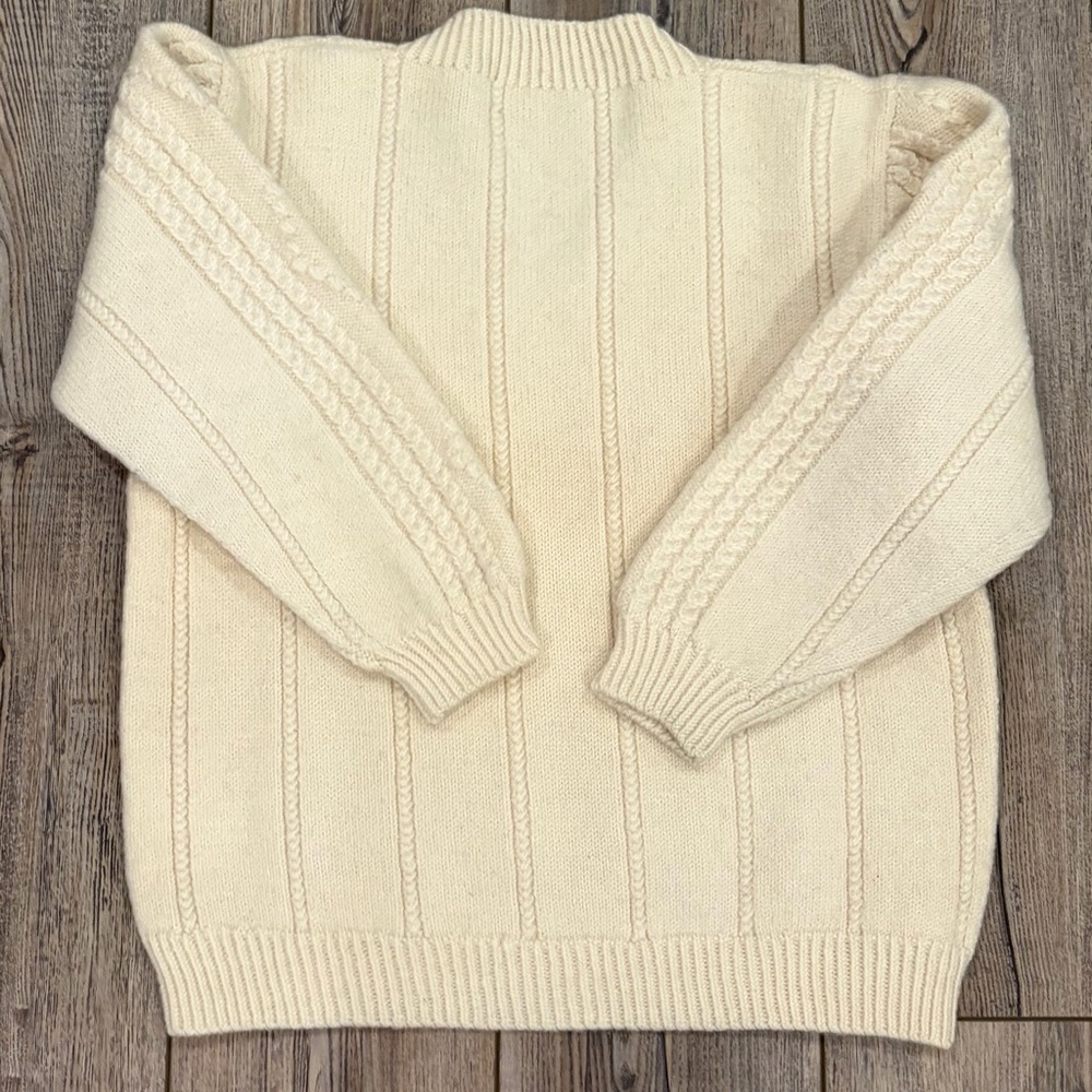 Handmade Cream Cable-Knit Wool Sweater • Heavy Chunky Knit • V-Neck - Picture 6 of 8